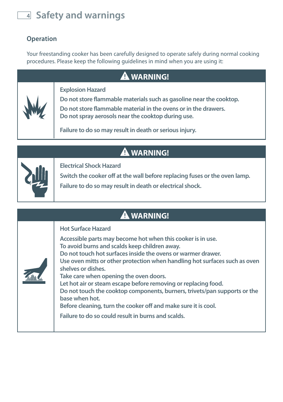 Safety and warnings, Warning | Fisher & Paykel FREESTANDING COOKER OR120 User Manual | Page 6 / 48