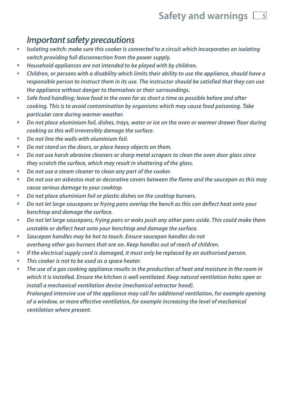 Safety and warnings, Important safety precautions | Fisher & Paykel FREESTANDING COOKER OR120 User Manual | Page 7 / 48