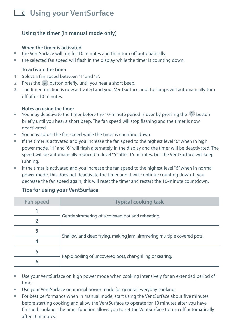 Using your ventsurface | Fisher & Paykel IZONA HC90 User Manual | Page 10 / 20