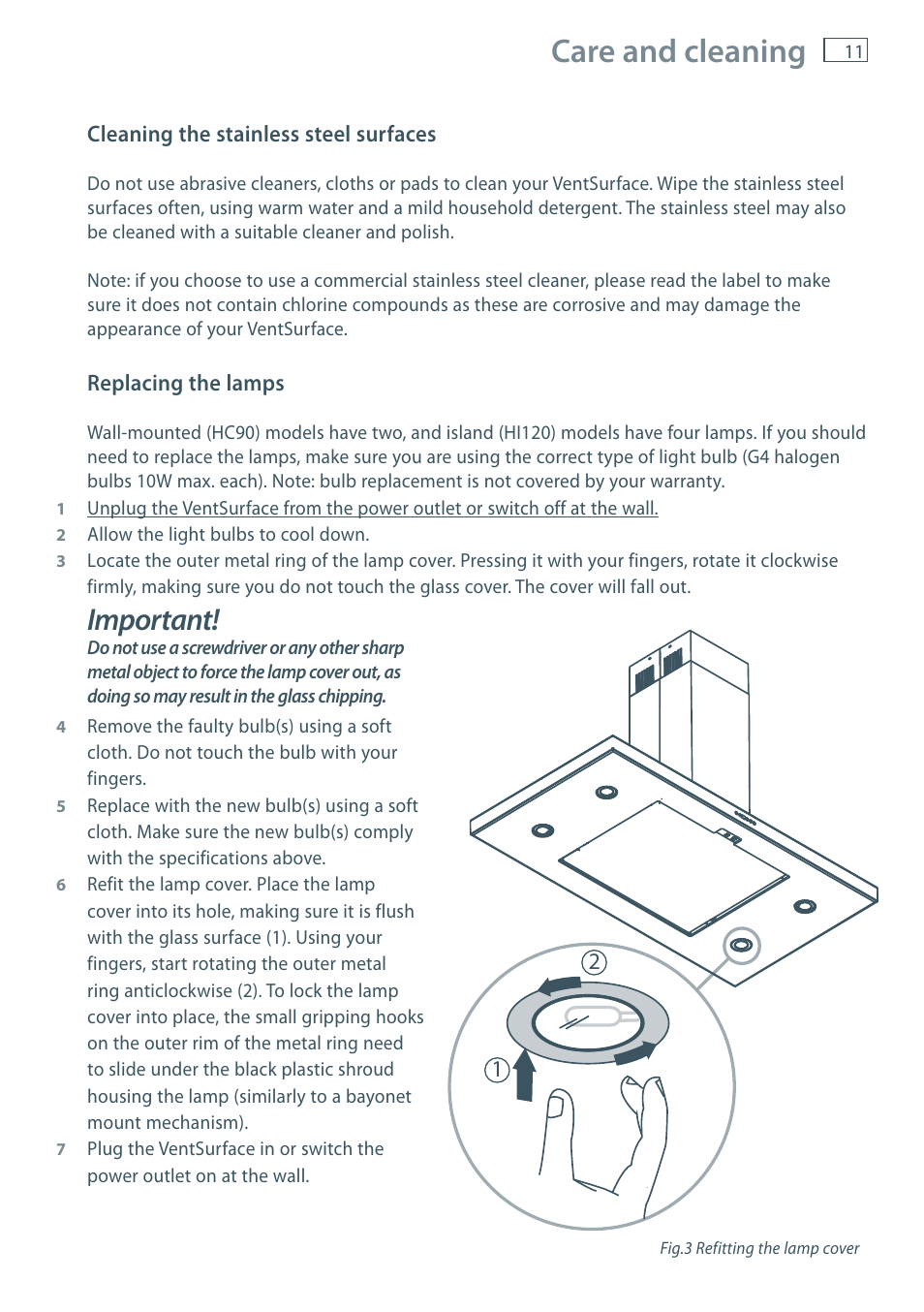 Care and cleaning, Important | Fisher & Paykel IZONA HC90 User Manual | Page 13 / 20