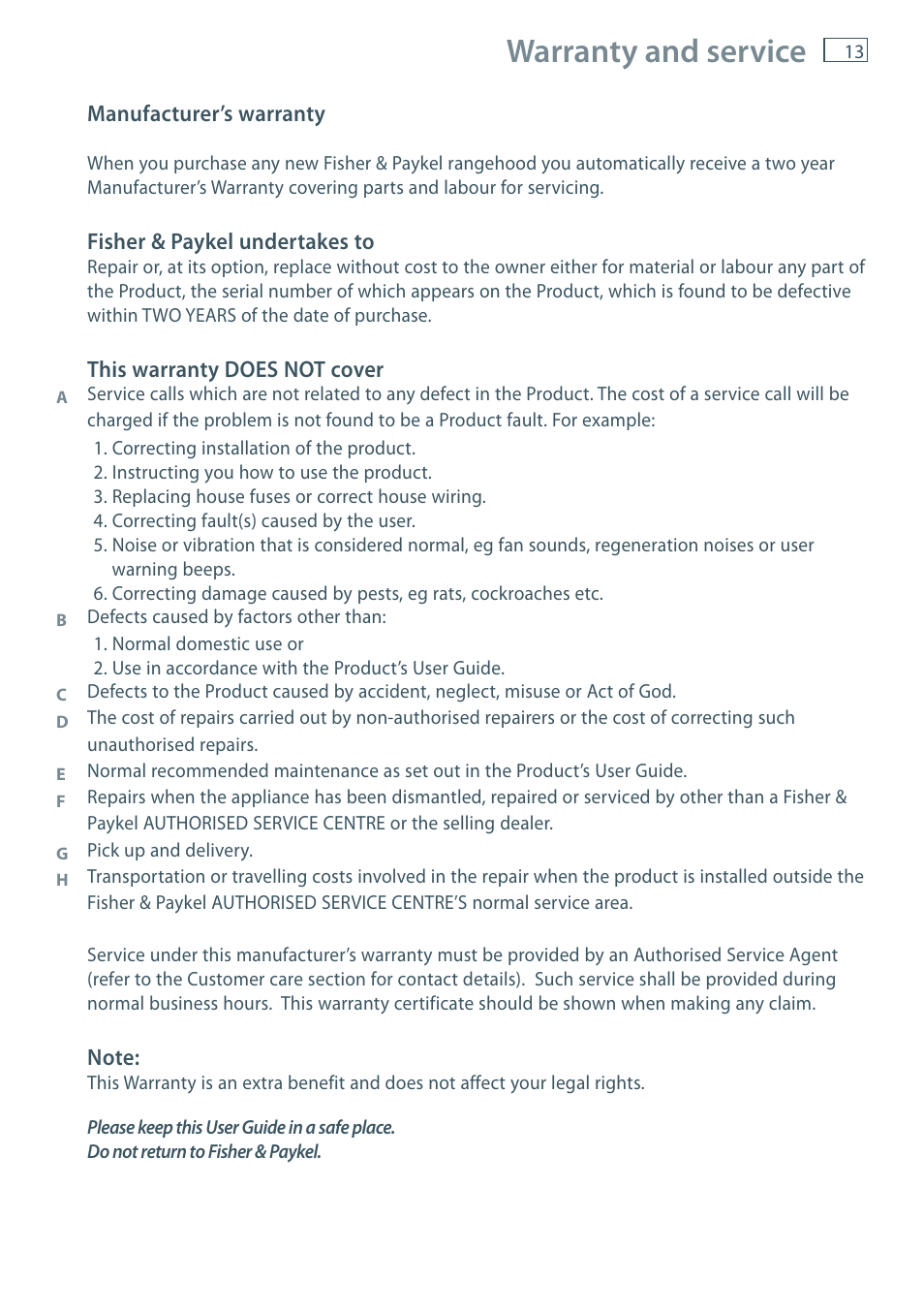Warranty and service | Fisher & Paykel IZONA HC90 User Manual | Page 15 / 20
