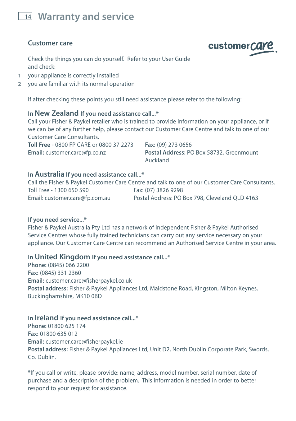 Warranty and service | Fisher & Paykel IZONA HC90 User Manual | Page 16 / 20