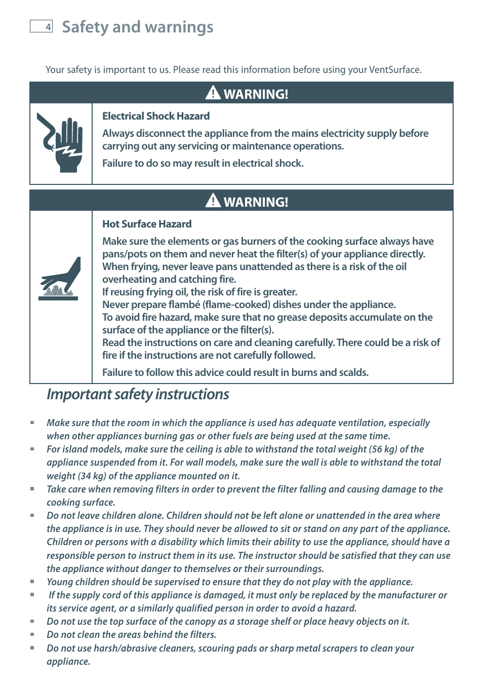 Safety and warnings, Important safety instructions, Warning | Fisher & Paykel IZONA HC90 User Manual | Page 6 / 20