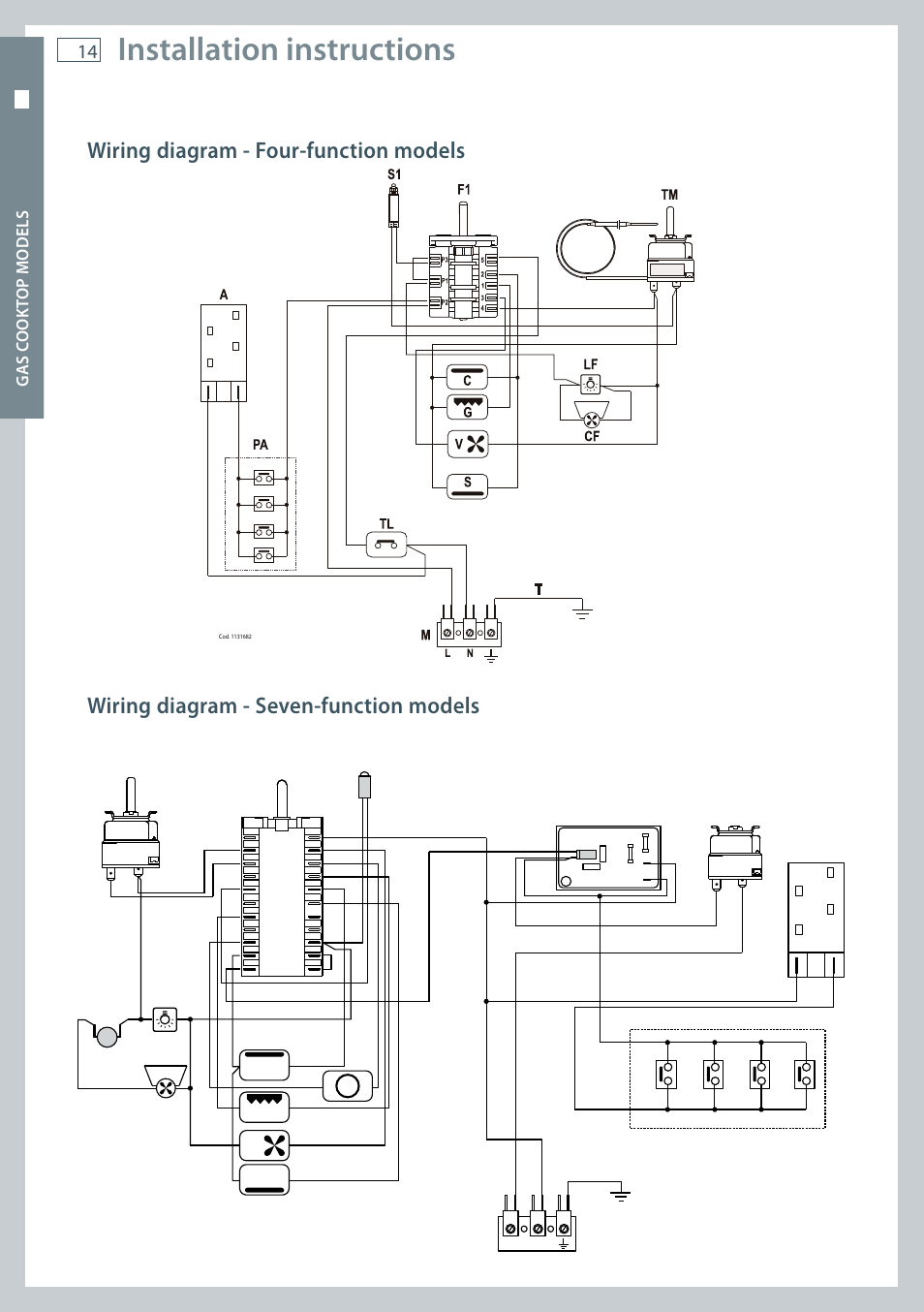 Installation instructions, Pa a ts tl s1 f1, Cg s v cir tm cf lf | Four func tion models gas c ook t op models | Fisher & Paykel OR60 User Manual | Page 16 / 84