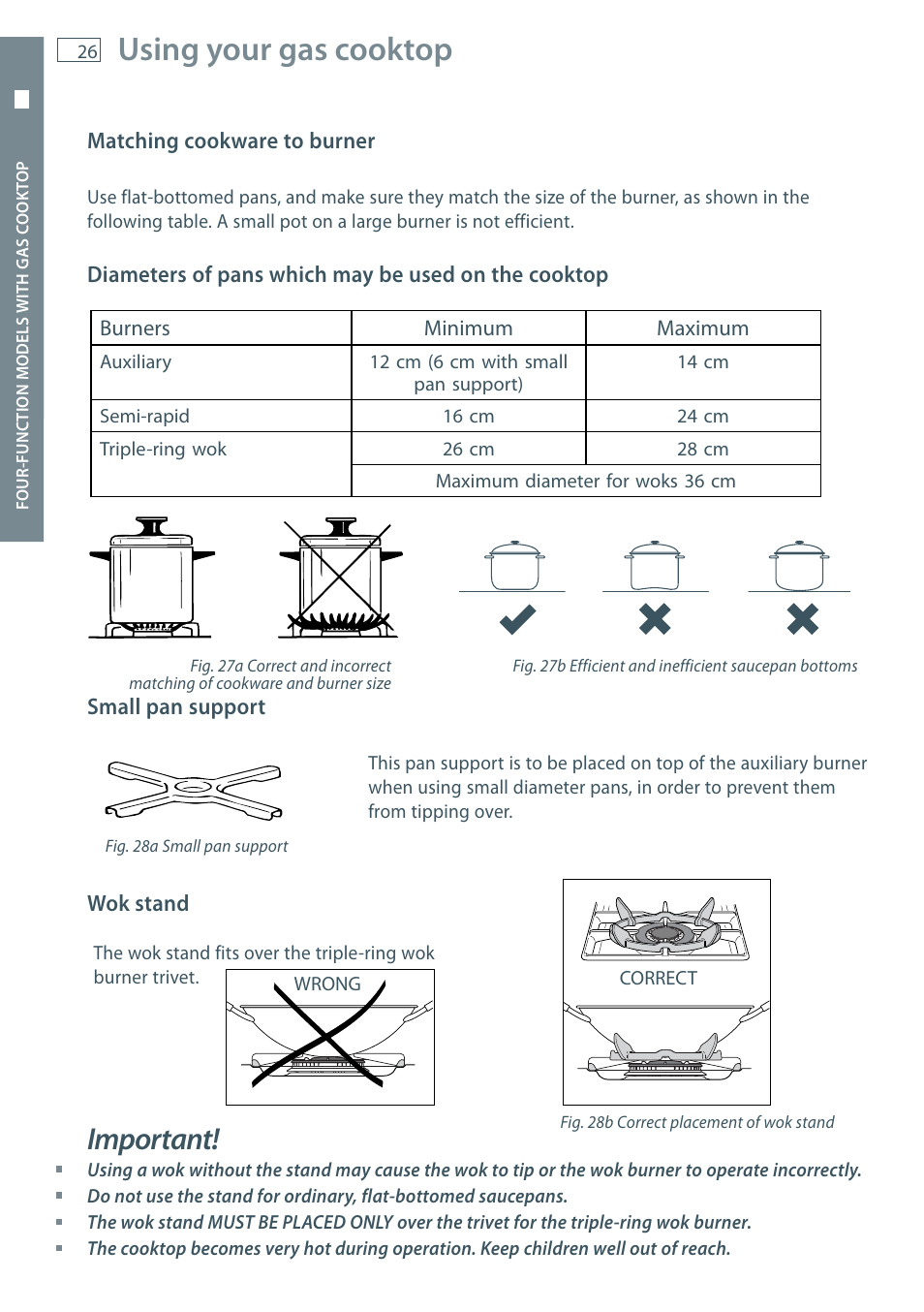 Using your gas cooktop, Important | Fisher & Paykel OR60 User Manual | Page 28 / 84