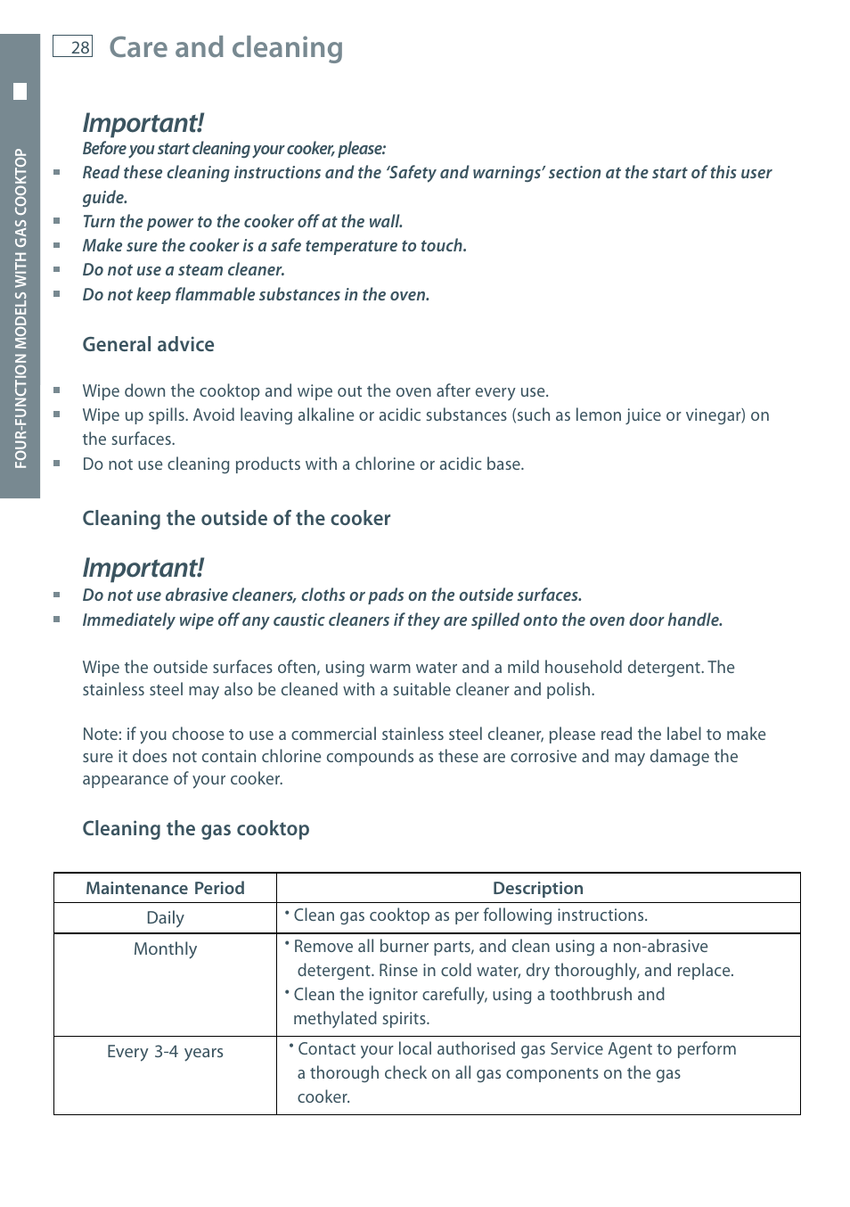 Care and cleaning, Important | Fisher & Paykel OR60 User Manual | Page 30 / 84