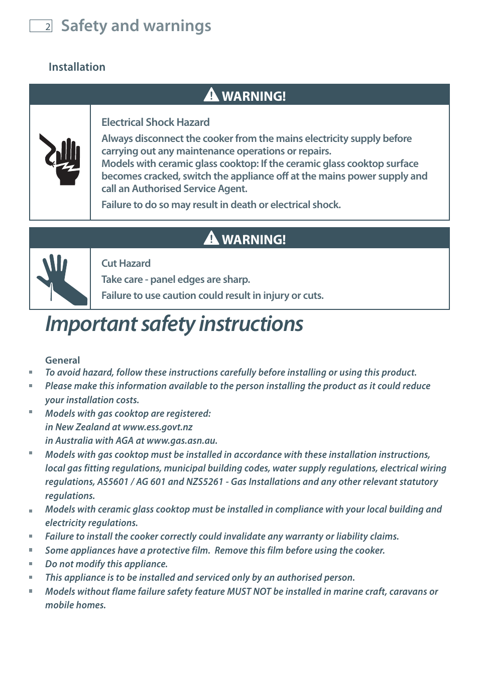 Important safety instructions, Safety and warnings, Warning | Fisher & Paykel OR60 User Manual | Page 4 / 84