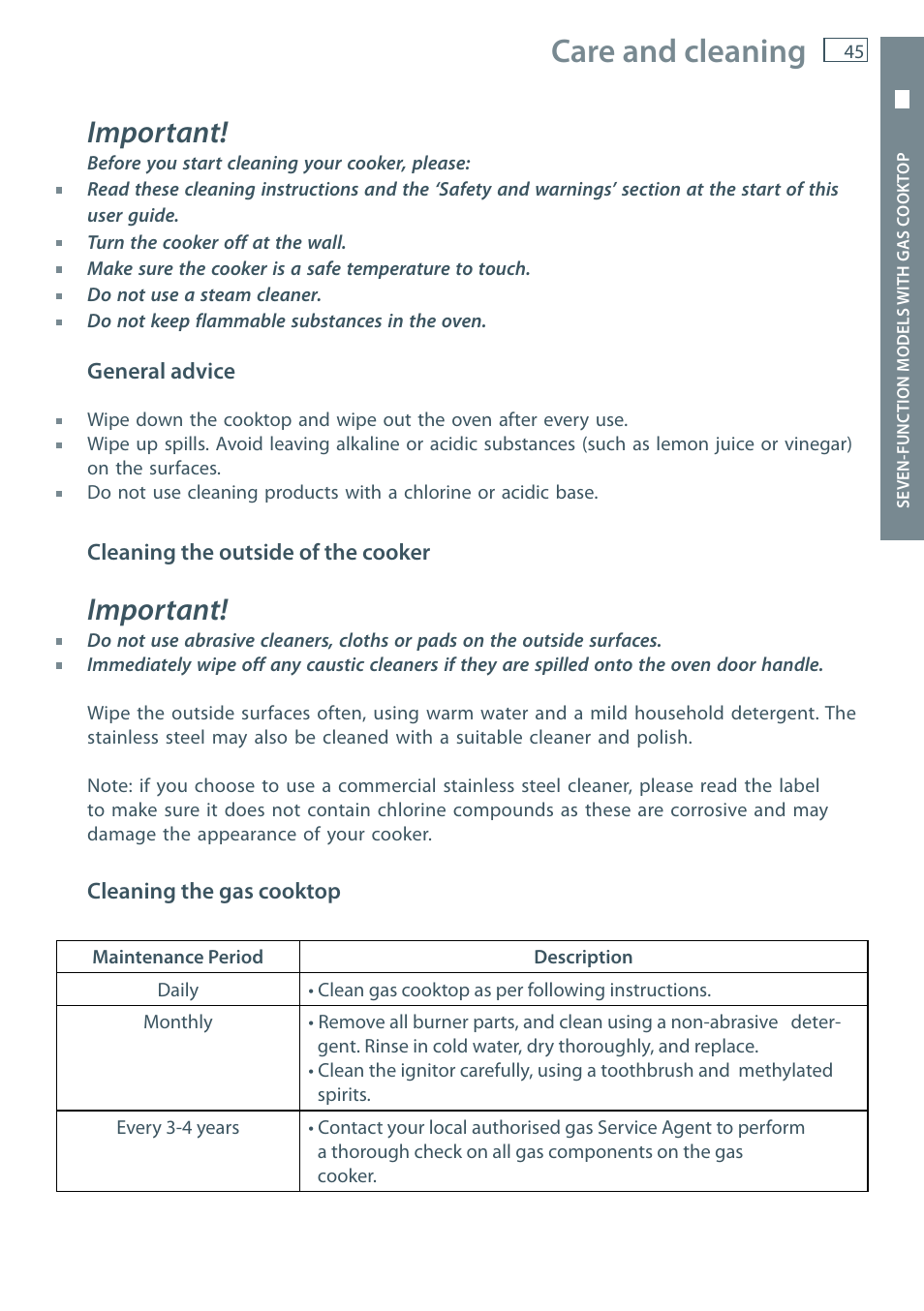 Care and cleaning, Important | Fisher & Paykel OR60 User Manual | Page 47 / 84