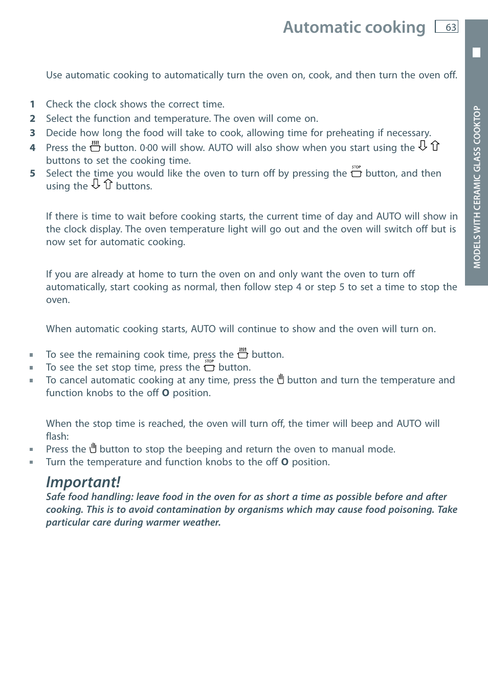 Automatic cooking, Important | Fisher & Paykel OR60 User Manual | Page 65 / 84