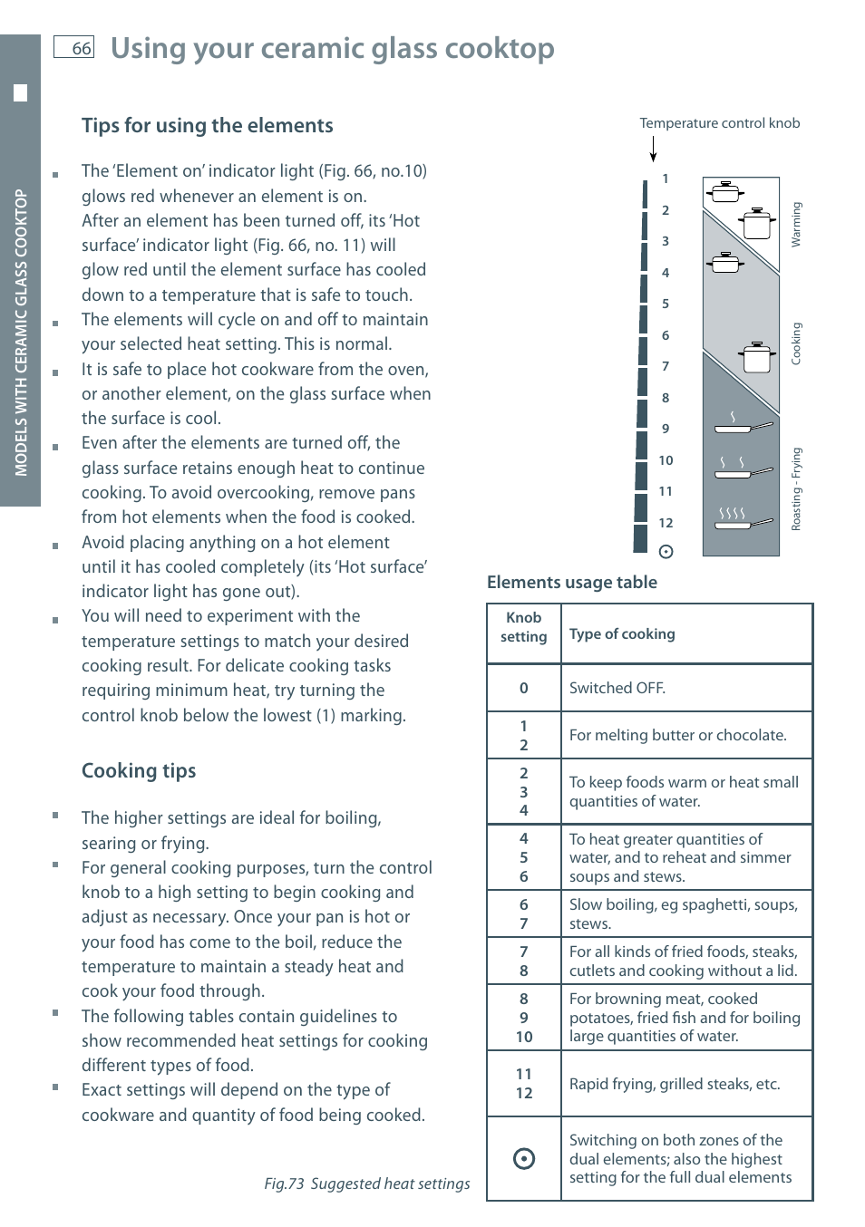 Using your ceramic glass cooktop, Tips for using the elements, Cooking tips | Fisher & Paykel OR60 User Manual | Page 68 / 84