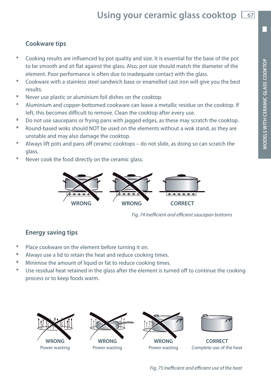 Using your ceramic glass cooktop, Cookware tips, Energy saving tips | Fisher & Paykel OR60 User Manual | Page 69 / 84