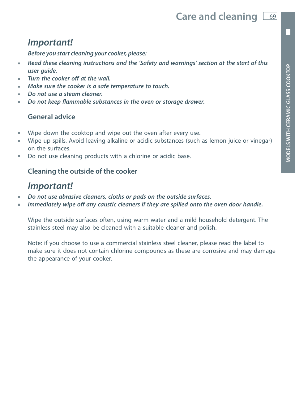 Care and cleaning, Important | Fisher & Paykel OR60 User Manual | Page 71 / 84