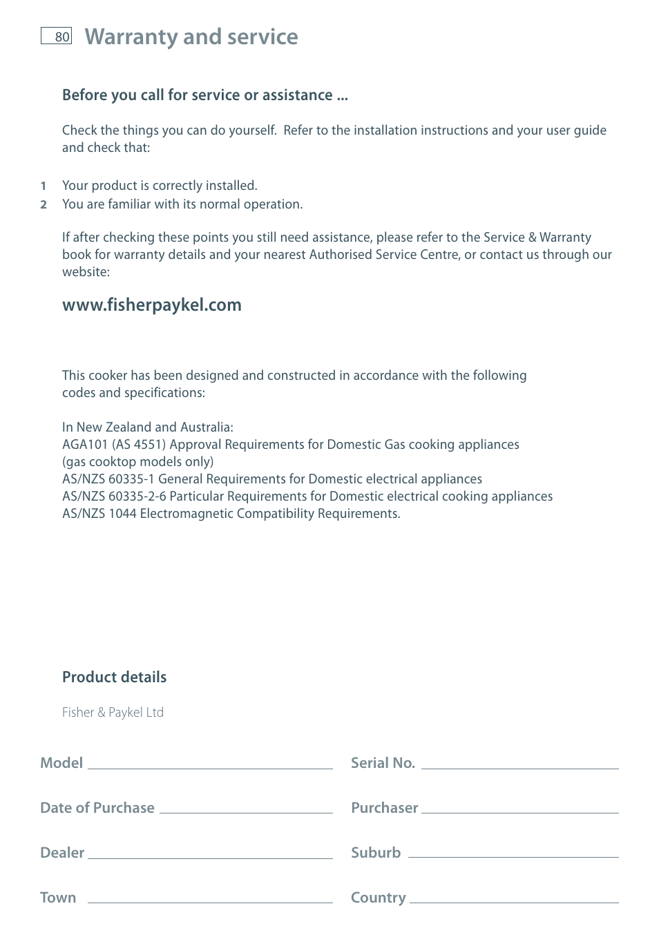 Warranty and service | Fisher & Paykel OR60 User Manual | Page 82 / 84
