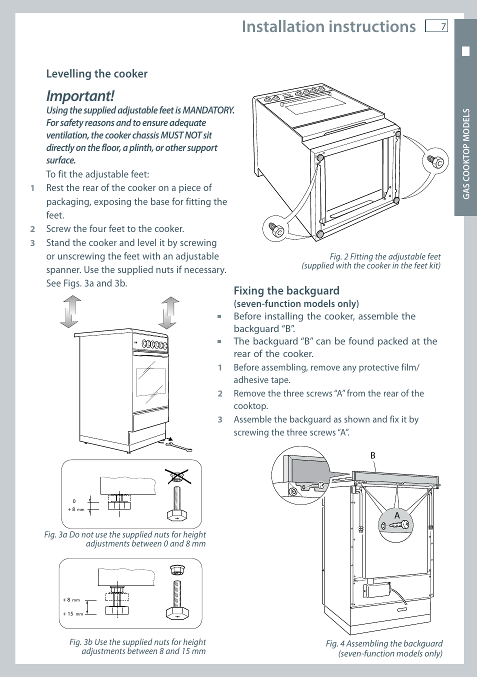 Installation instructions, Important, Levelling the cooker | Fixing the backguard | Fisher & Paykel OR60 User Manual | Page 9 / 84