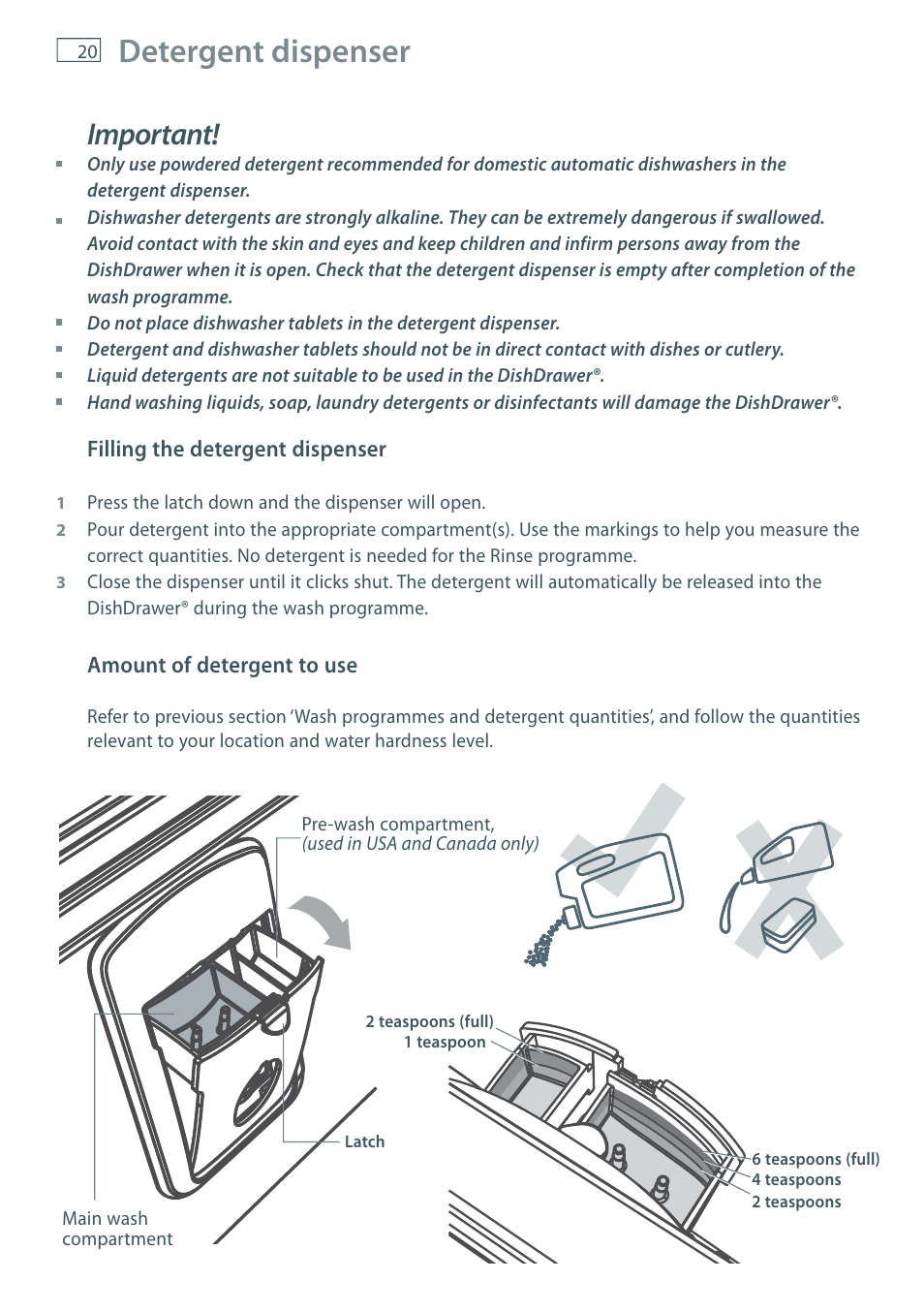 Detergent dispenser, Important | Fisher & Paykel DD60 User Manual | Page 22 / 48