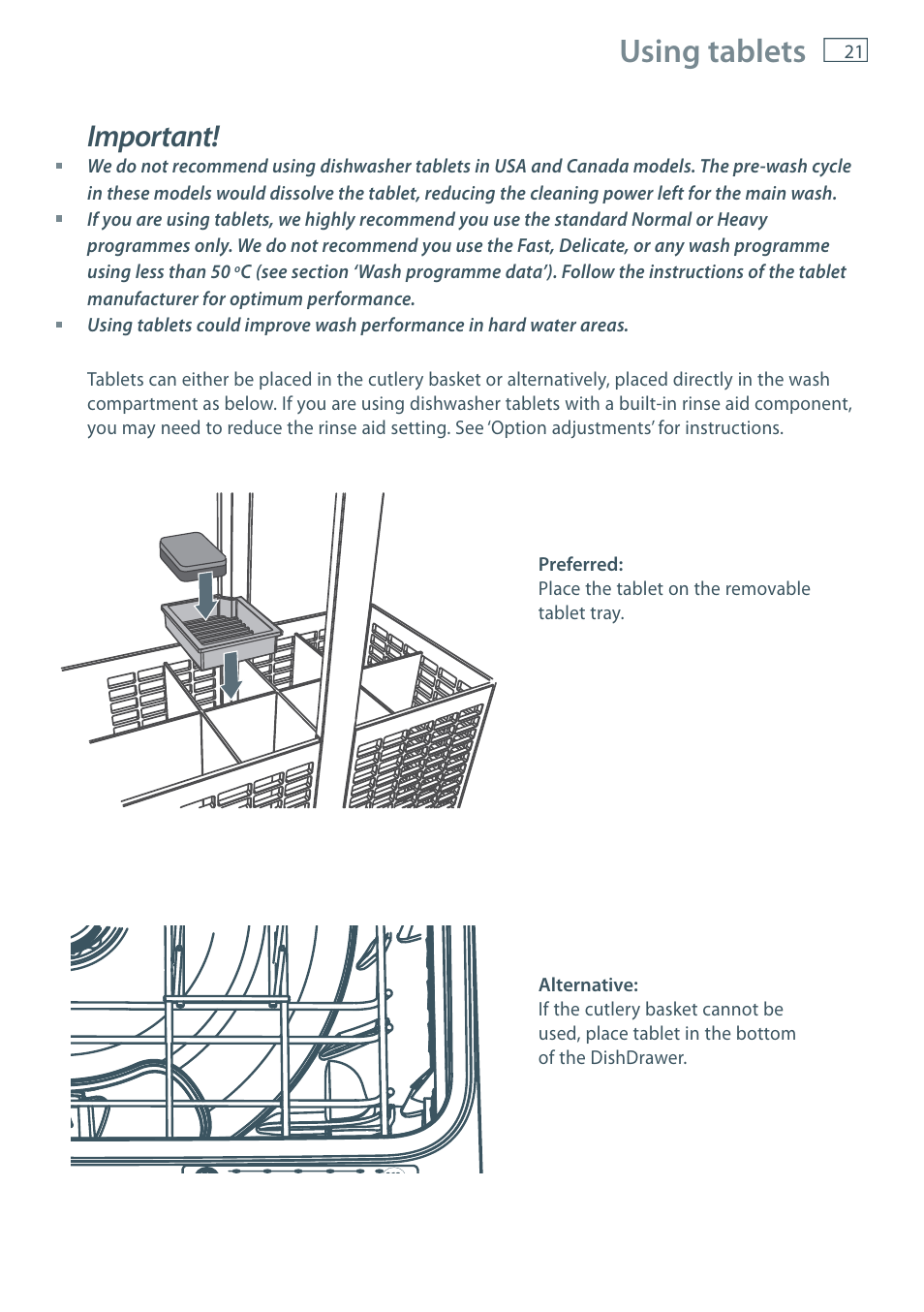 Using tablets, Important | Fisher & Paykel DD60 User Manual | Page 23 / 48