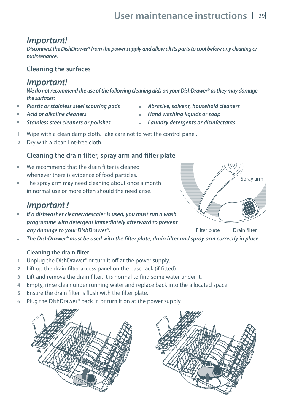 User maintenance instructions, Important | Fisher & Paykel DD60 User Manual | Page 31 / 48