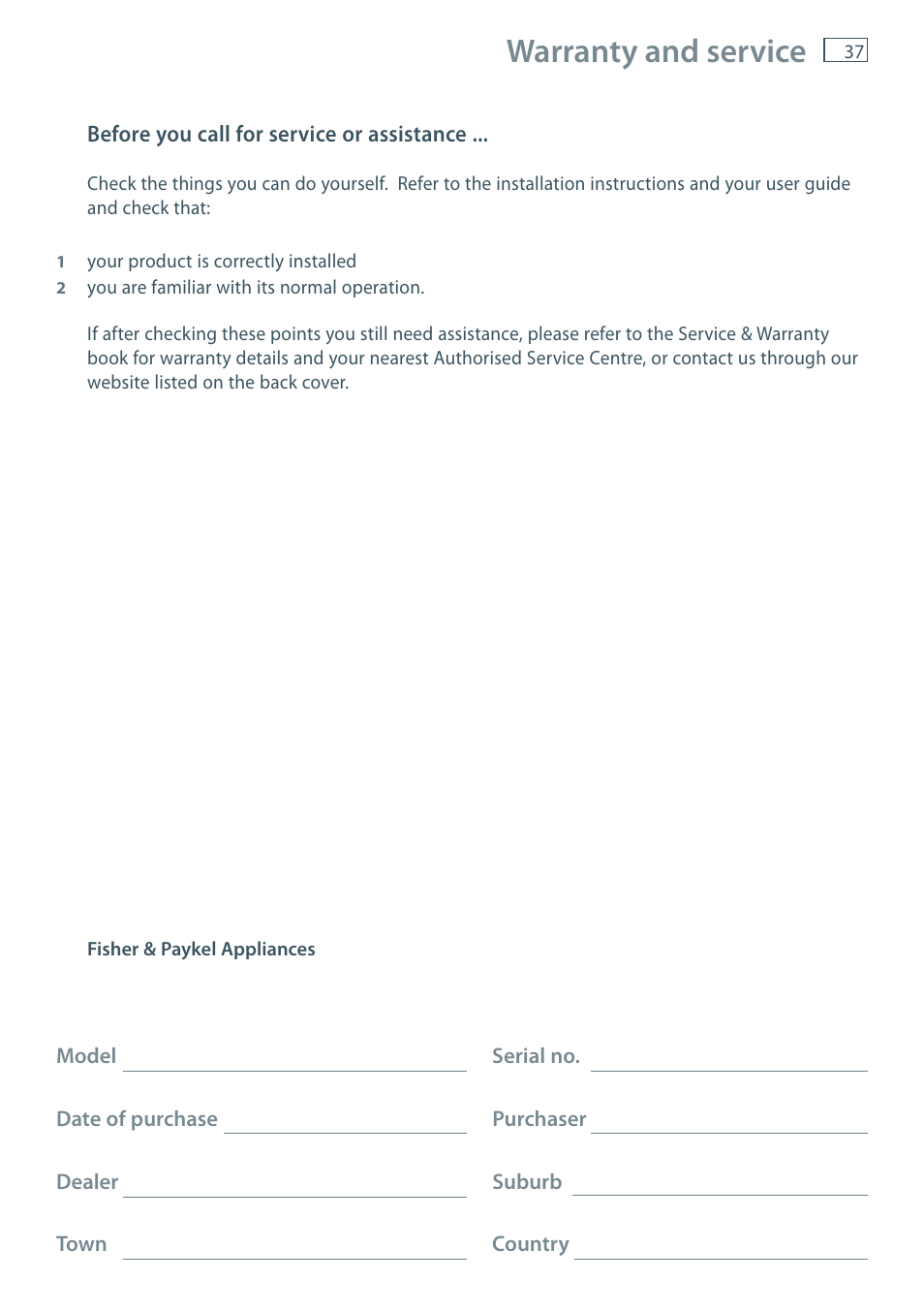 Warranty and service | Fisher & Paykel DD60 User Manual | Page 39 / 48