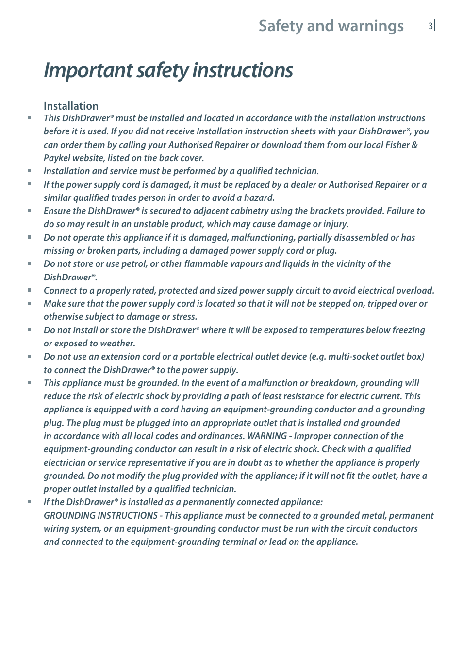 Important safety instructions, Safety and warnings | Fisher & Paykel DD60 User Manual | Page 5 / 48