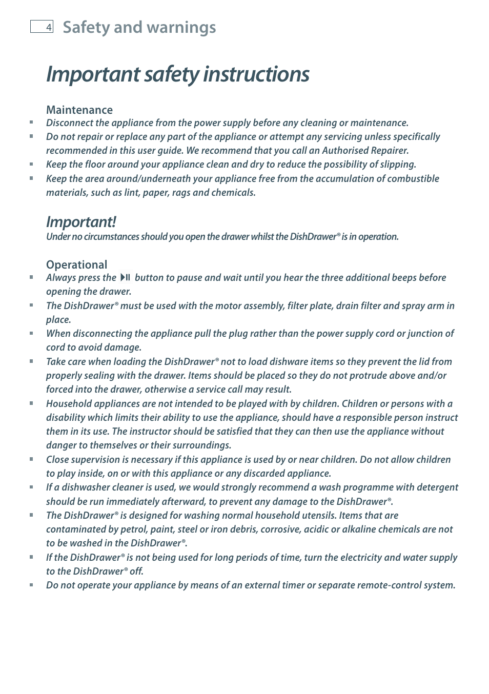 Important safety instructions, Safety and warnings, Important | Fisher & Paykel DD60 User Manual | Page 6 / 48