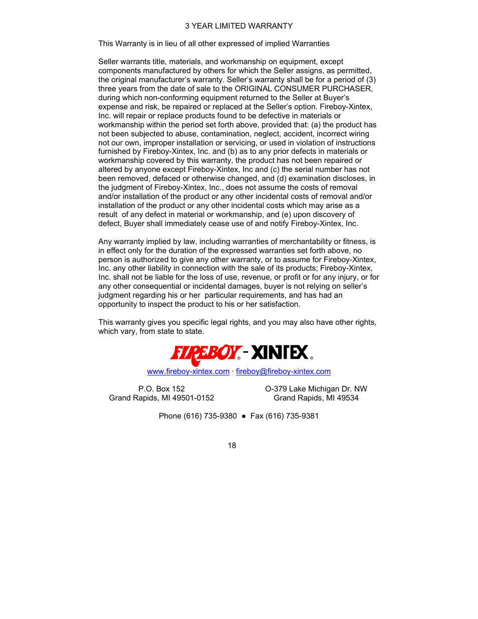Fireboy- Xintex, LTD MA2 FE-241 User Manual | Page 18 / 18