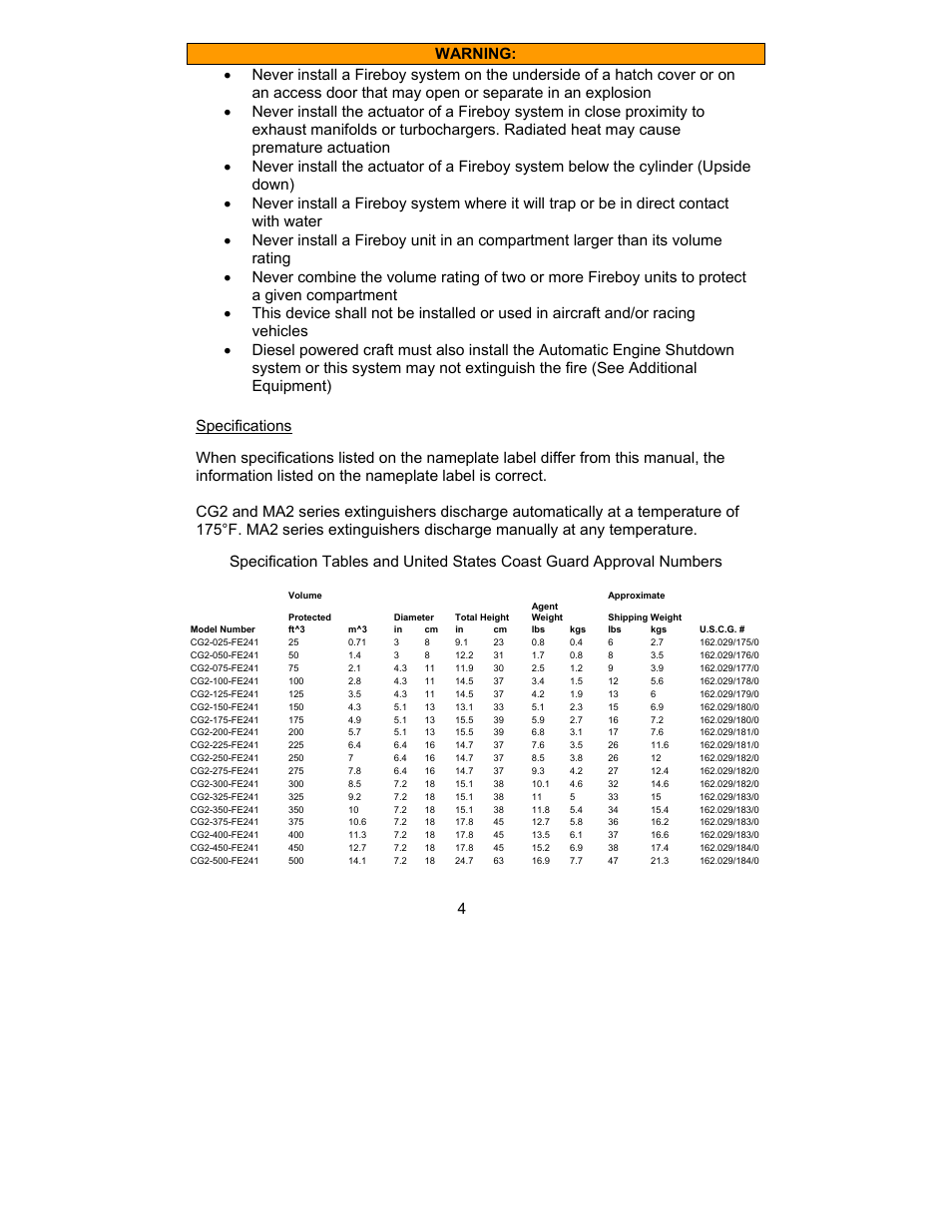Specifications | Fireboy- Xintex, LTD MA2 FE-241 User Manual | Page 4 / 18