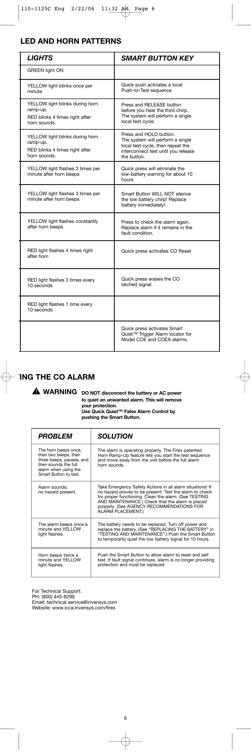 Led and horn patterns, Ting the co alarm, Lights | Smart button key, Problem solution, Warning | Firex SERIES 10000 User Manual | Page 6 / 8