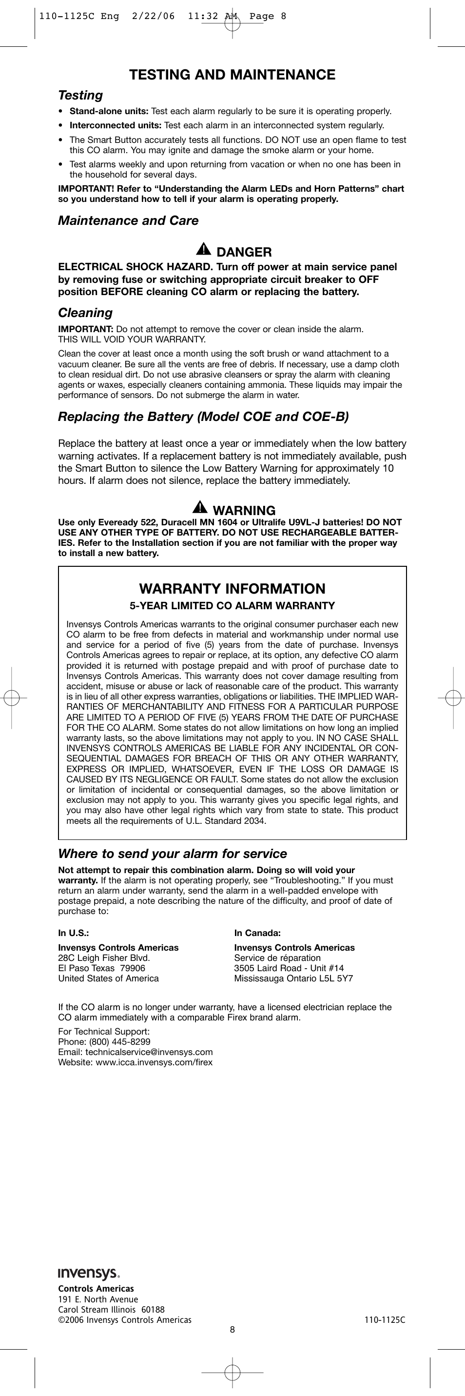 Testing and maintenance, Warranty information, Testing | Maintenance and care danger, Cleaning, Replacing the battery (model coe and coe-b), Warning, Where to send your alarm for service | Firex SERIES 10000 User Manual | Page 8 / 8