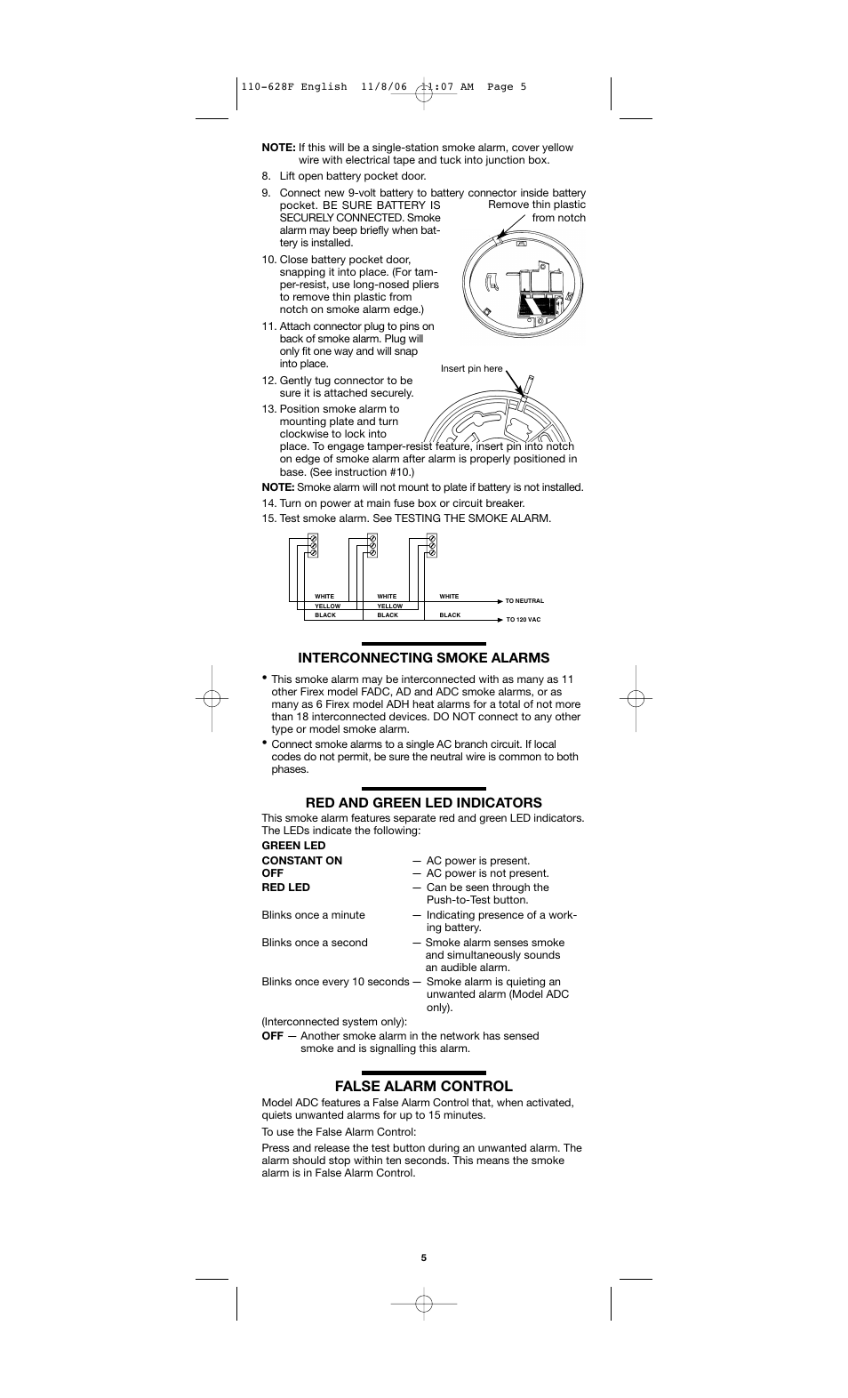 False alarm control, Interconnecting smoke alarms, Red and green led indicators | Firex FADC User Manual | Page 5 / 8