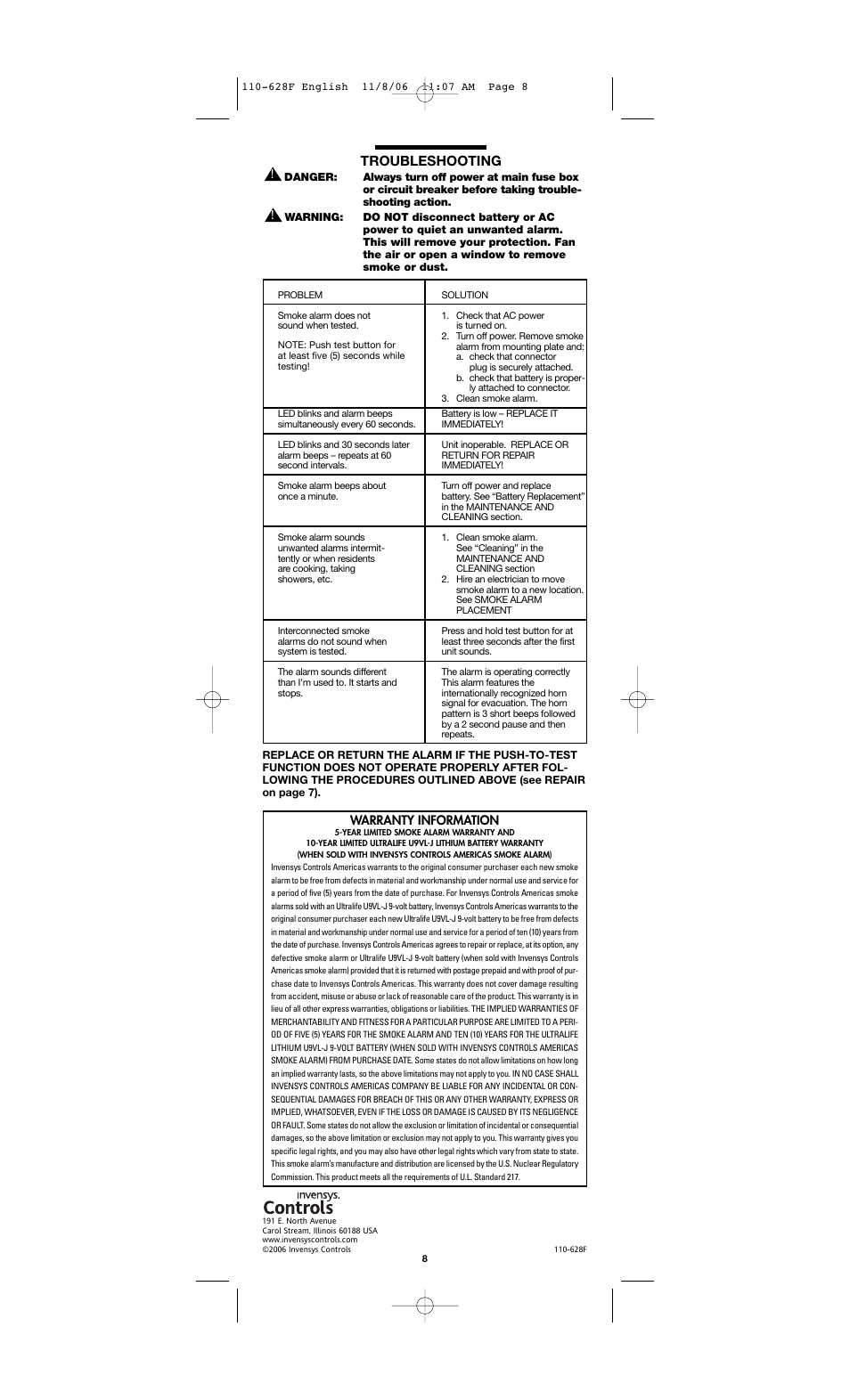 Troubleshooting, Warranty information | Firex FADC User Manual | Page 8 / 8