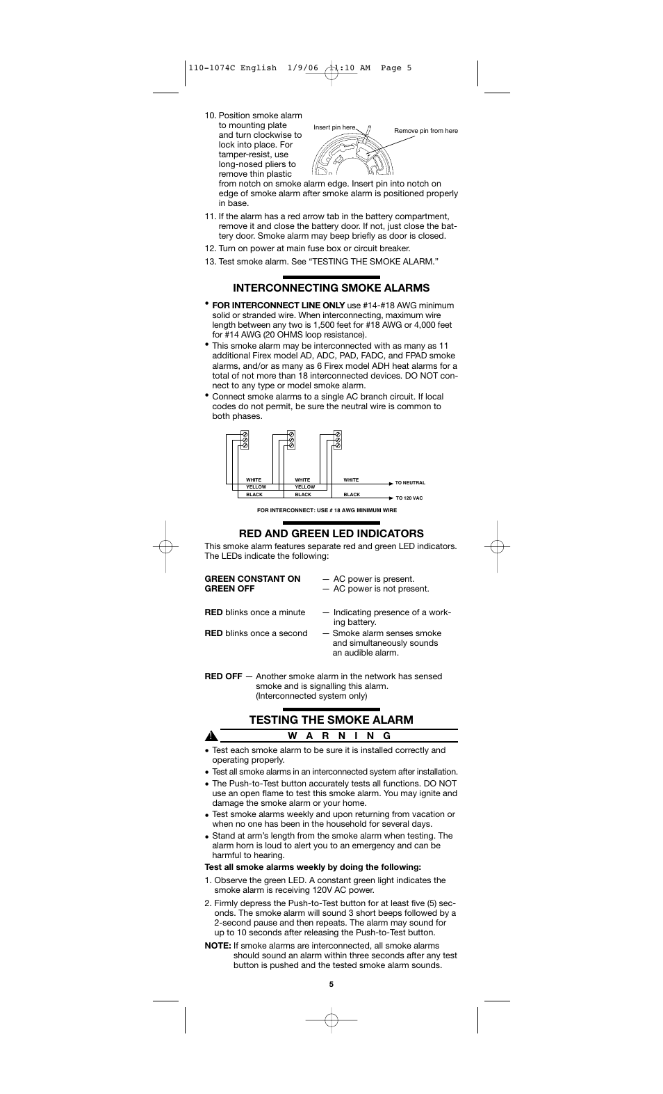Testing the smoke alarm, Interconnecting smoke alarms, Red and green led indicators | Firex AD User Manual | Page 5 / 8