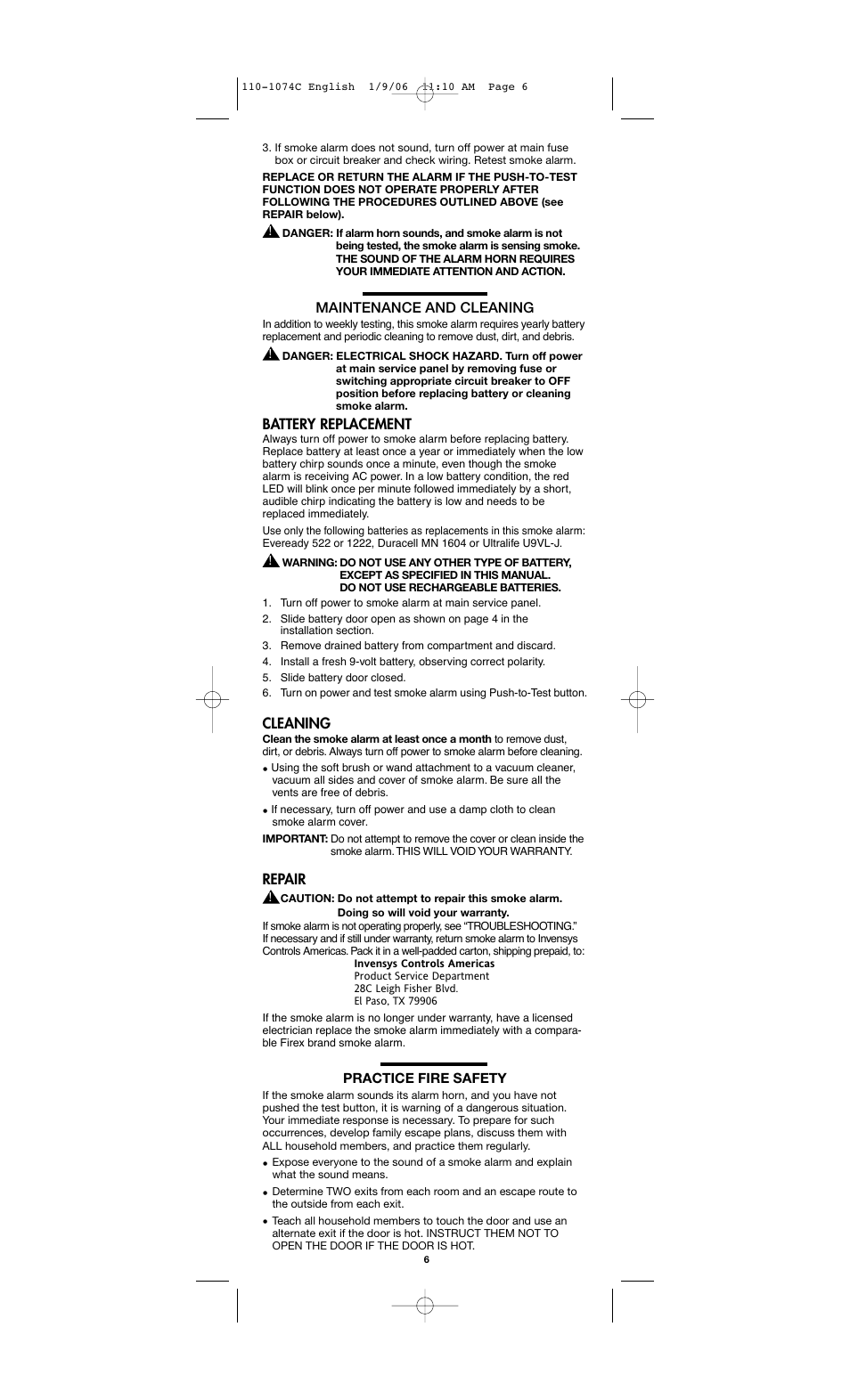 Maintenance and cleaning, Battery replacement, Cleaning | Repair | Firex AD User Manual | Page 6 / 8