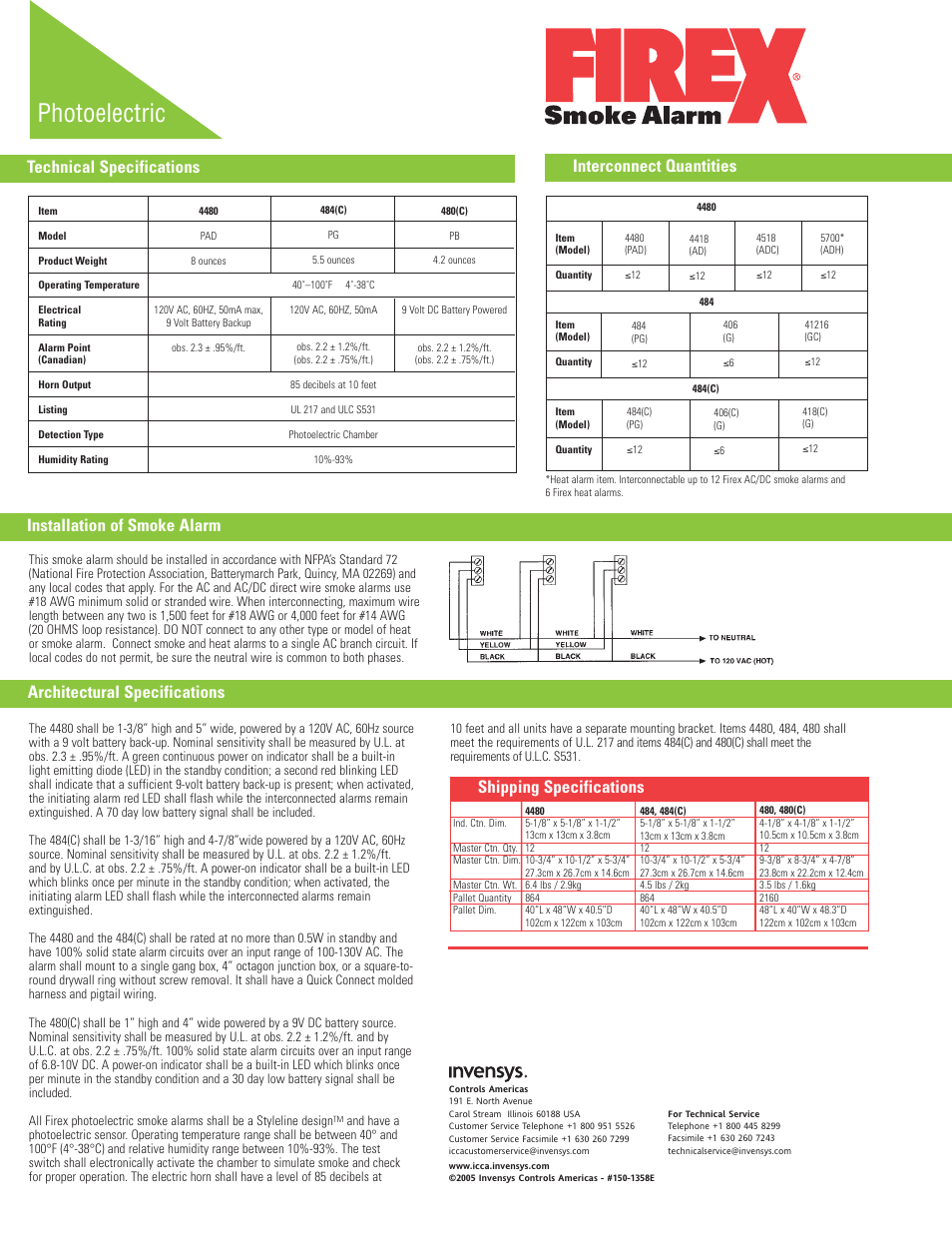 Photoelectric, Shipping specifications technical specifications, Interconnect quantities | Firex 484 User Manual | Page 2 / 2