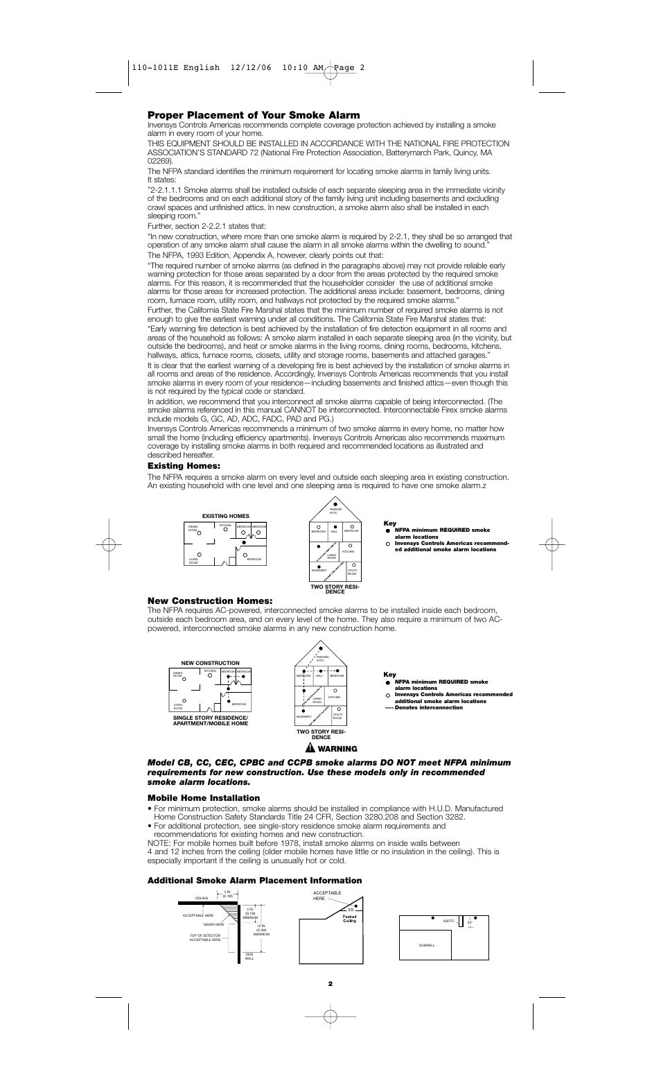 Proper placement of your smoke alarm, New construction homes, Existing homes | Additional smoke alarm placement information, Warning | Firex 110-1011E User Manual | Page 2 / 6