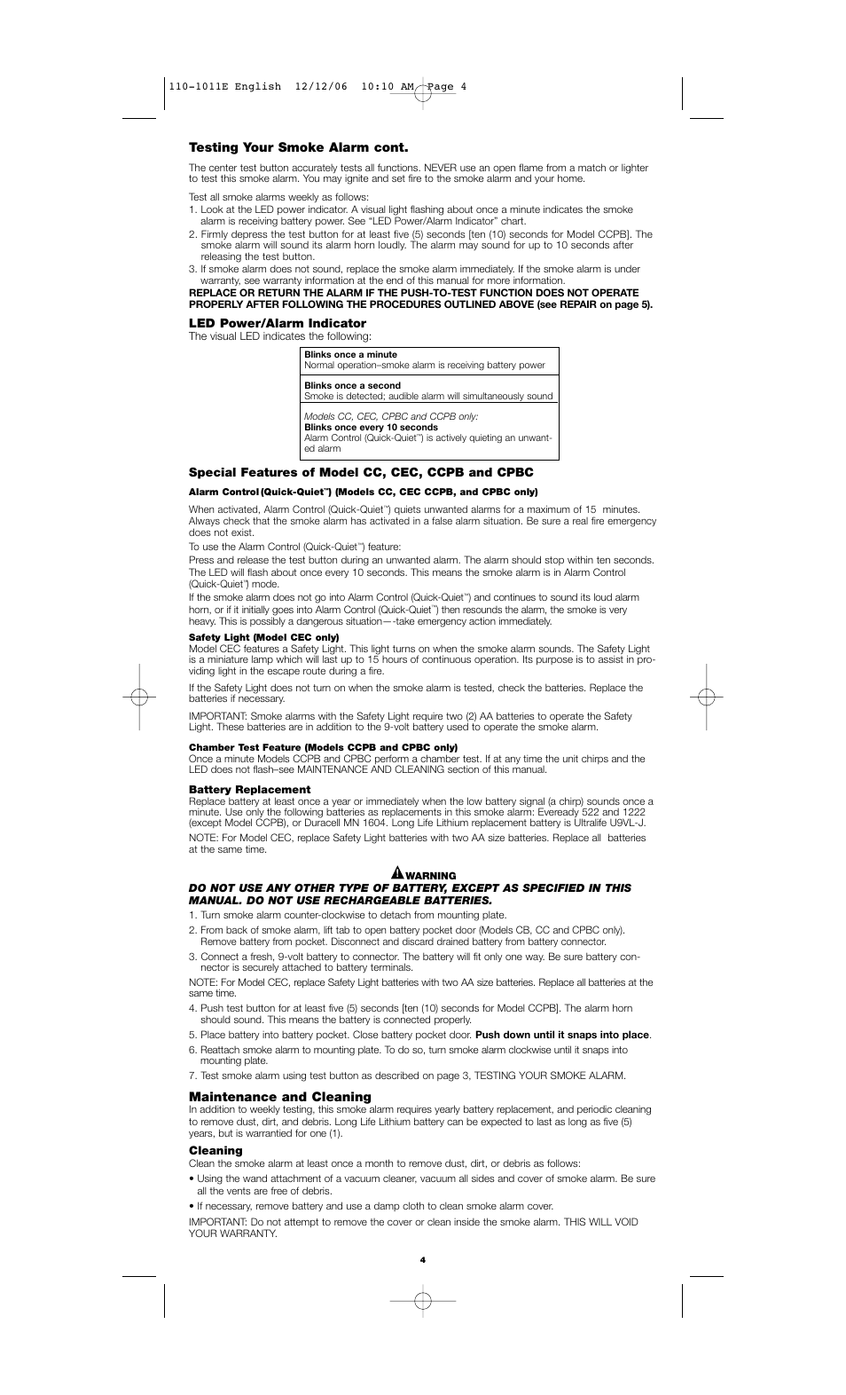 Testing your smoke alarm cont, Led power/alarm indicator, Special features of model cc, cec, ccpb and cpbc | Maintenance and cleaning | Firex 110-1011E User Manual | Page 4 / 6