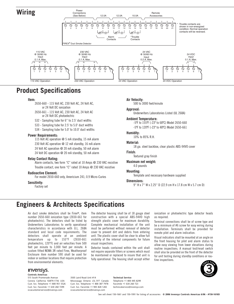 Wiring, Item, Power requirements | Relay contact rating, Radioactive element, Sensitivity, Air velocity, Approval, Ambient temperature, Humidity | Firex 2650-660 User Manual | Page 2 / 2