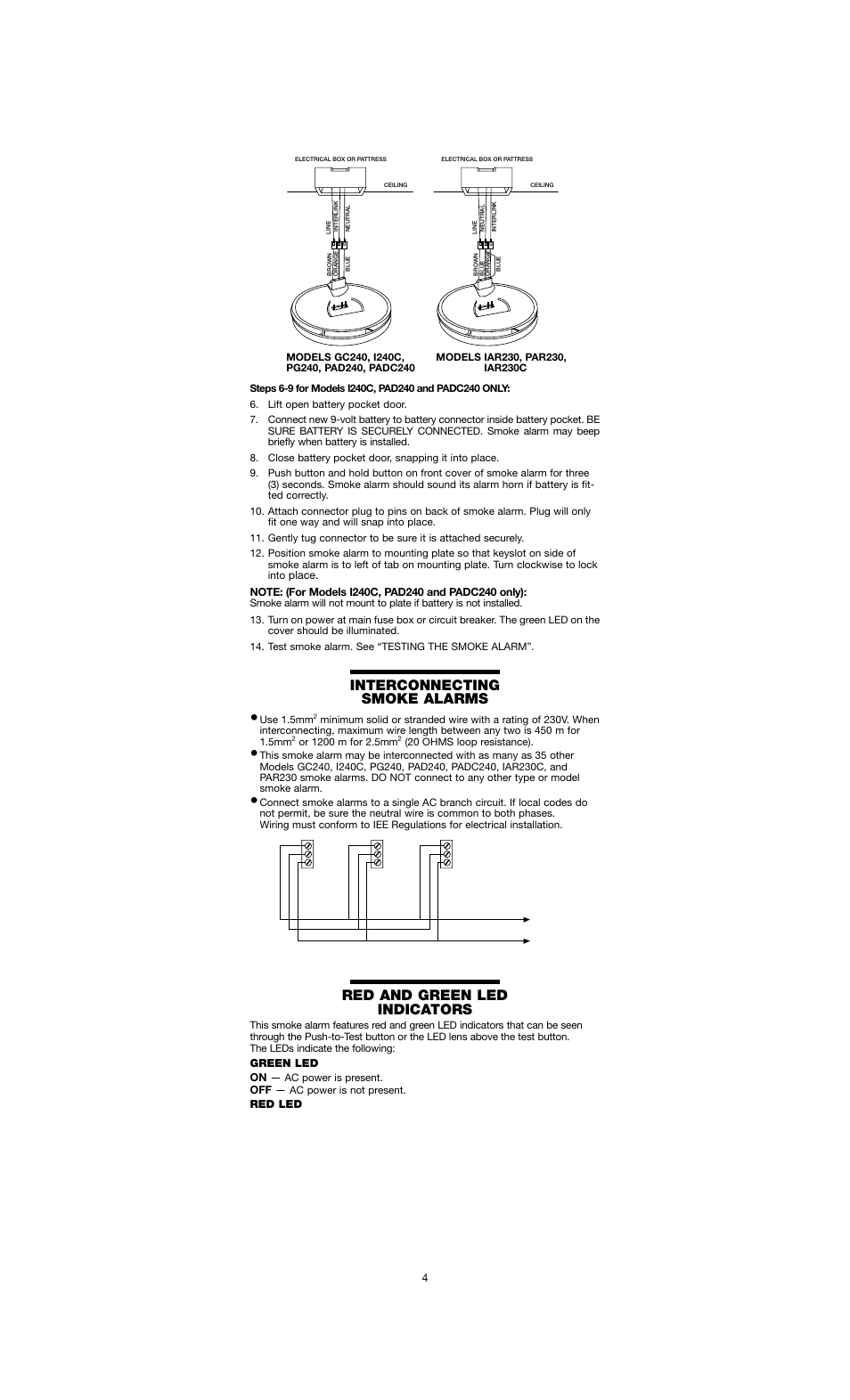 Interconnecting smoke alarms, Red and green led indicators | Firex I240C User Manual | Page 4 / 8