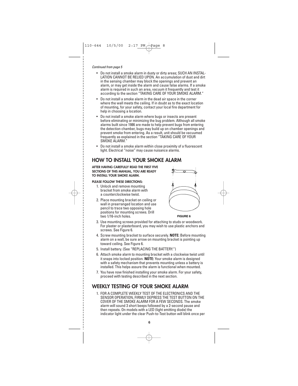 How to install your smoke alarm, Weekly testing of your smoke alarm | Firex Model C User Manual | Page 8 / 12