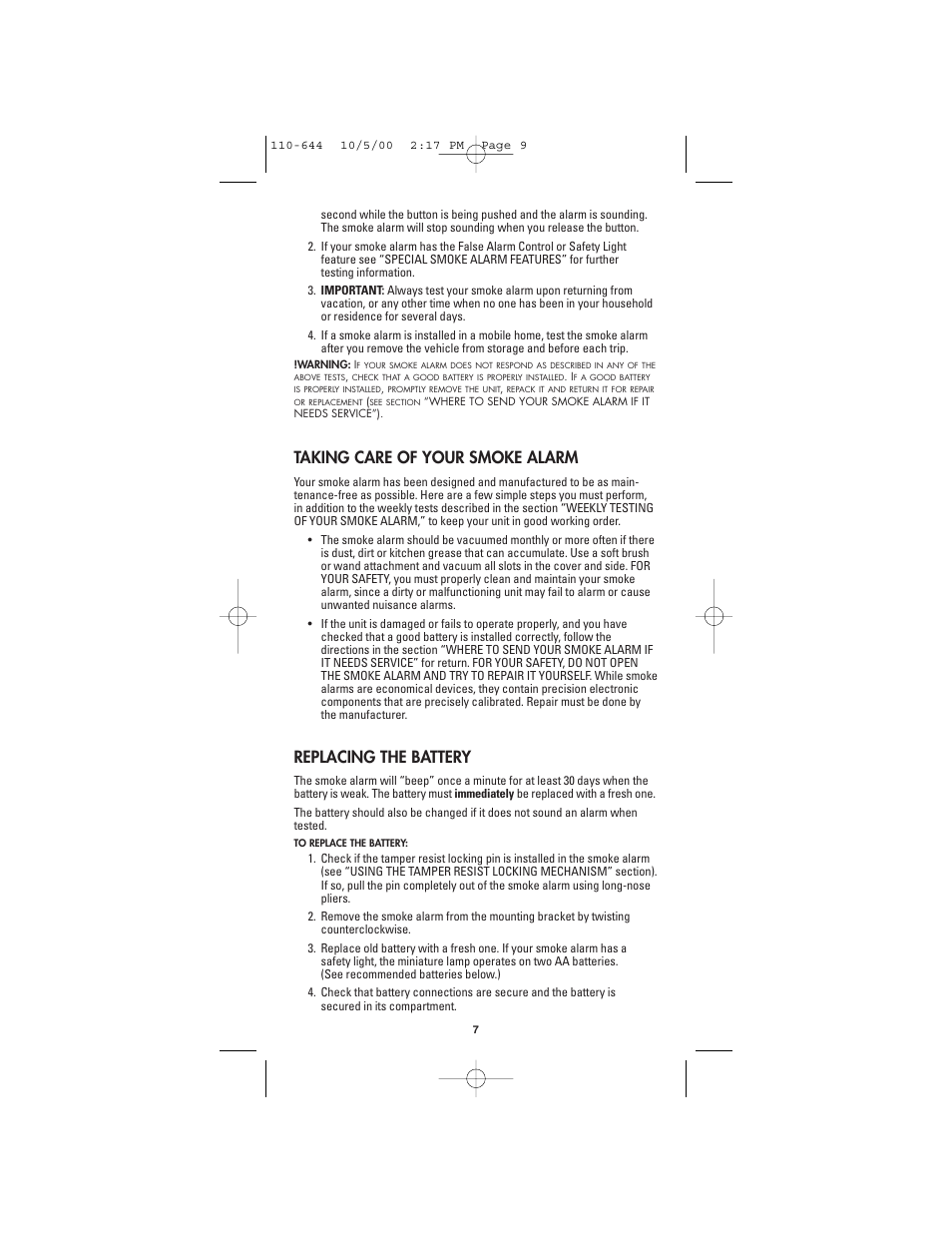 Taking care of your smoke alarm, Replacing the battery | Firex Model C User Manual | Page 9 / 12