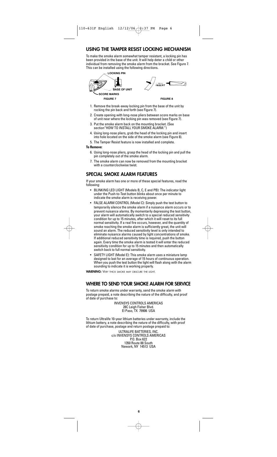 Using the tamper resist locking mechanism, Special smoke alarm features, Where to send your smoke alarm for service | Firex A User Manual | Page 6 / 8