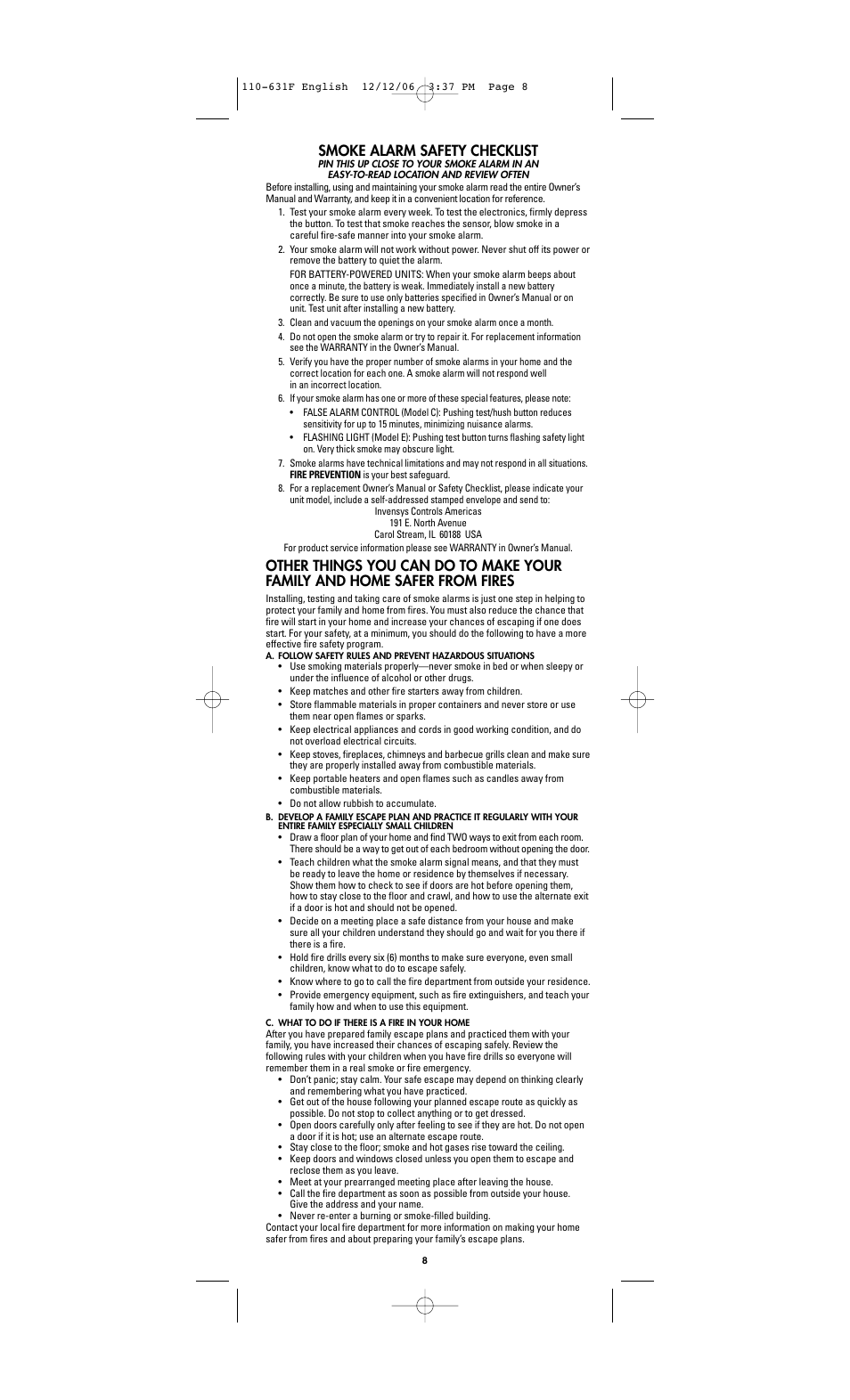 Smoke alarm safety checklist | Firex A User Manual | Page 8 / 8