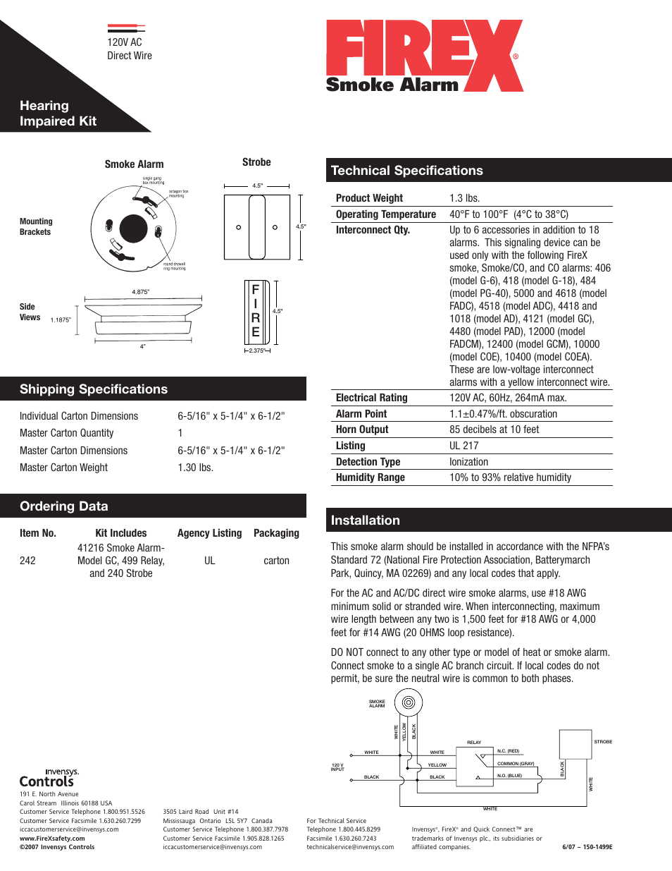 Smoke alarm, Fi r e, Shipping specifications | Firex 242 User Manual | Page 2 / 2