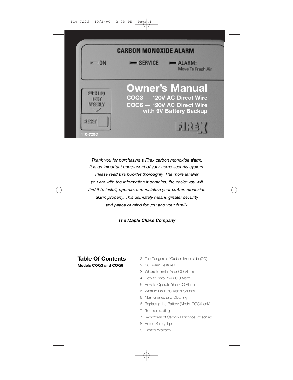 Firex COQ6 User Manual | 8 pages
