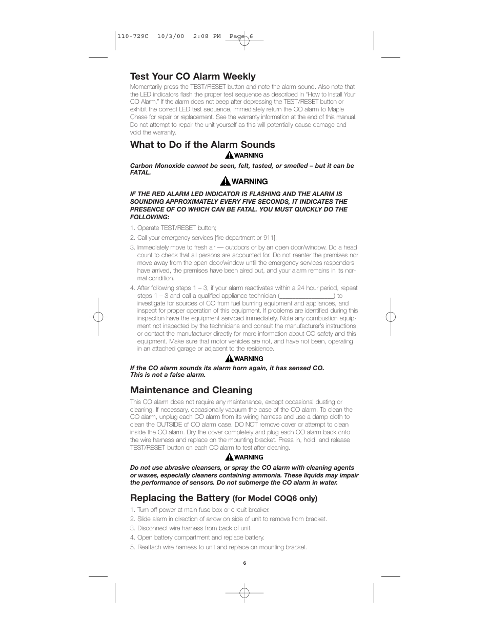 Test your co alarm weekly, What to do if the alarm sounds, Maintenance and cleaning | Replacing the battery | Firex COQ6 User Manual | Page 6 / 8