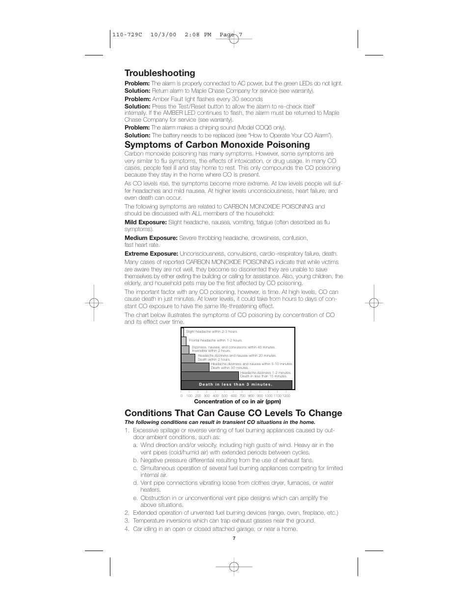 Troubleshooting, Symptoms of carbon monoxide poisoning, Conditions that can cause co levels to change | Firex COQ6 User Manual | Page 7 / 8