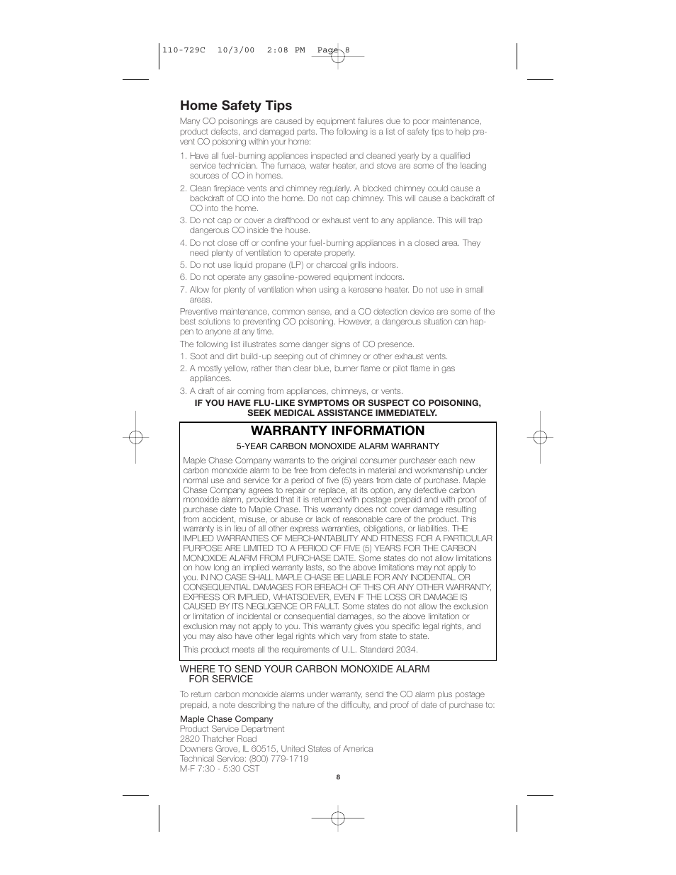 Home safety tips, Warranty information | Firex COQ6 User Manual | Page 8 / 8