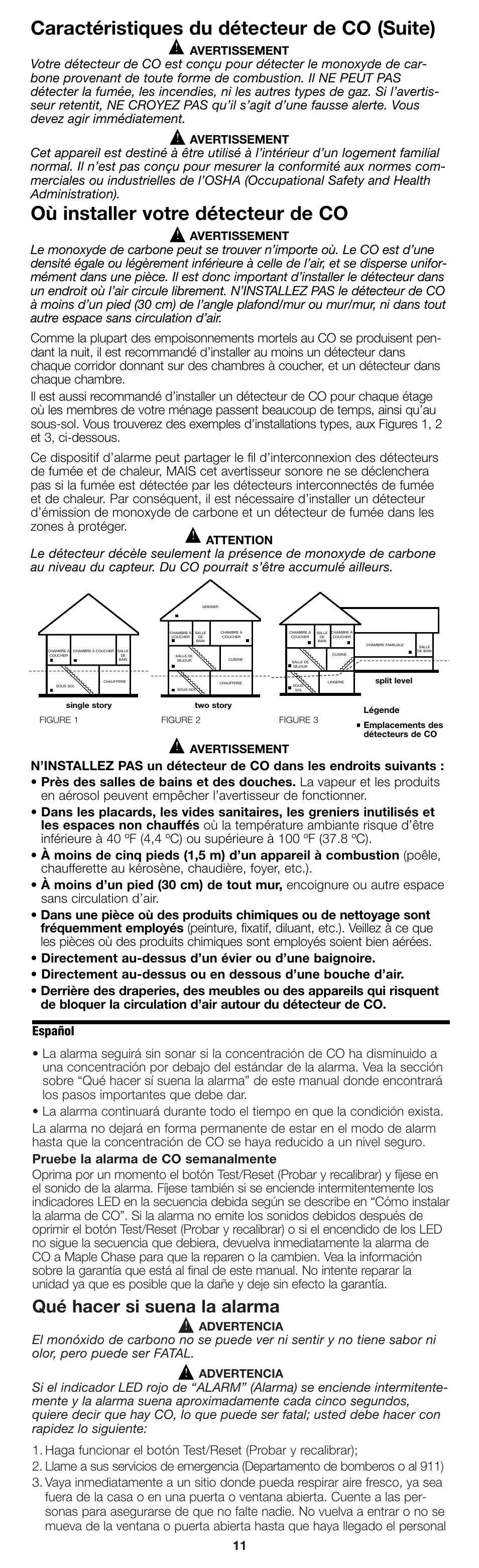 Caractéristiques du détecteur de co (suite), Où installer votre détecteur de co, Qué hacer si suena la alarma | Español, Advertencia, Avertissement, Attention | Firex pmn User Manual | Page 11 / 16