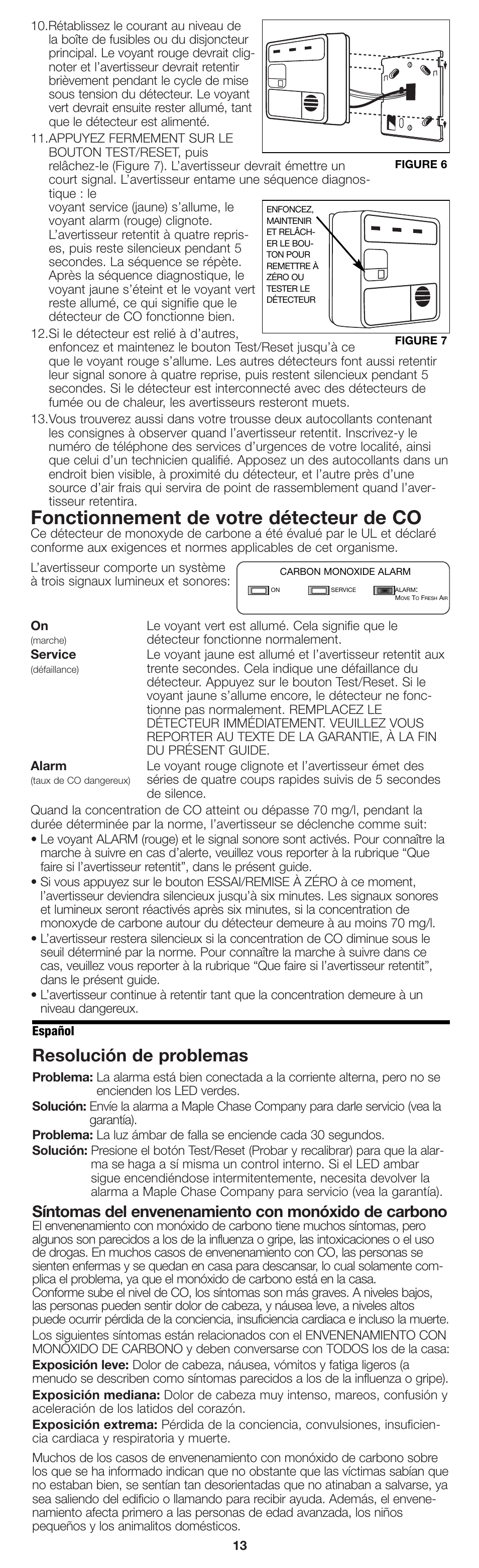Fonctionnement de votre détecteur de co, Resolución de problemas | Firex pmn User Manual | Page 13 / 16