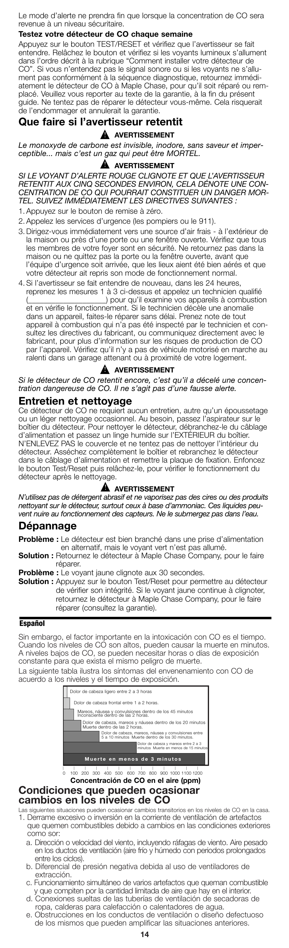 Que faire si l’avertisseur retentit, Entretien et nettoyage, Dépannage | Español | Firex pmn User Manual | Page 14 / 16