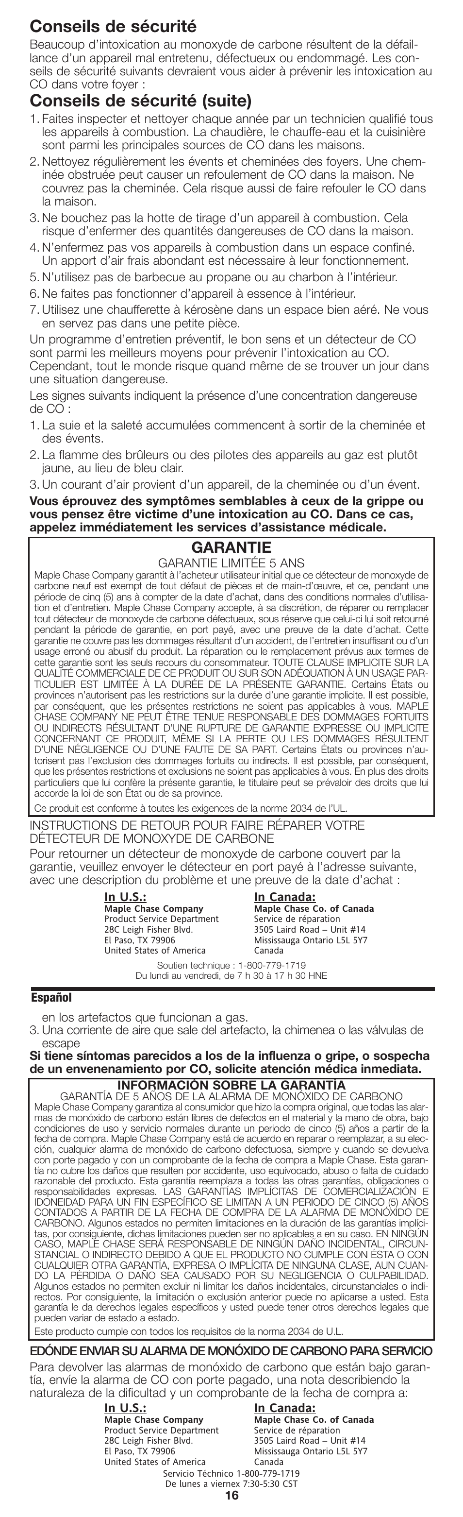 Conseils de sécurité, Conseils de sécurité (suite), Garantie | Firex pmn User Manual | Page 16 / 16